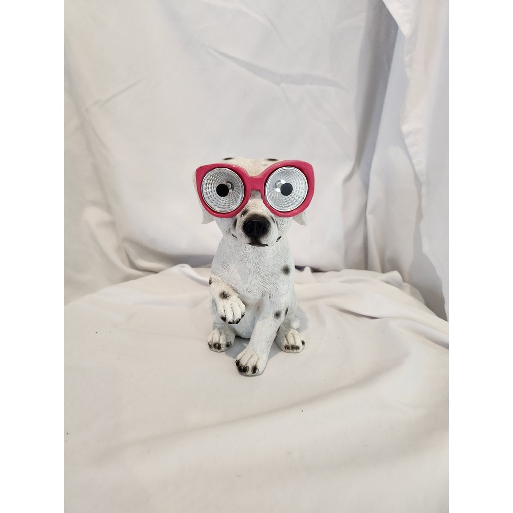 Solar Powered Dalmatian Dog Garden Statue Pink Glasses LED Eyes AGBPT